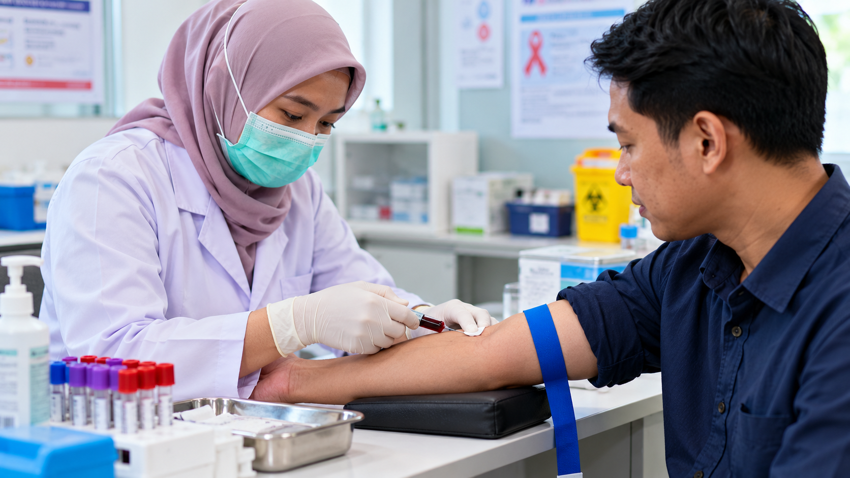 Prosedur pemeriksaan VCT melalui pengambilan sampel darah oleh tenaga kesehatan di puskesmas